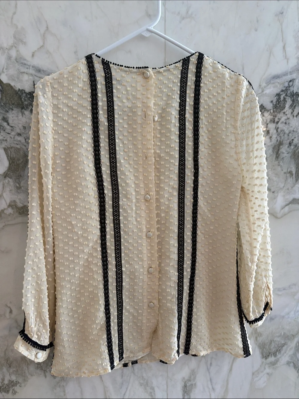 J. Crew Cream Swiss Dot Blouse with Black Lace Stripes
